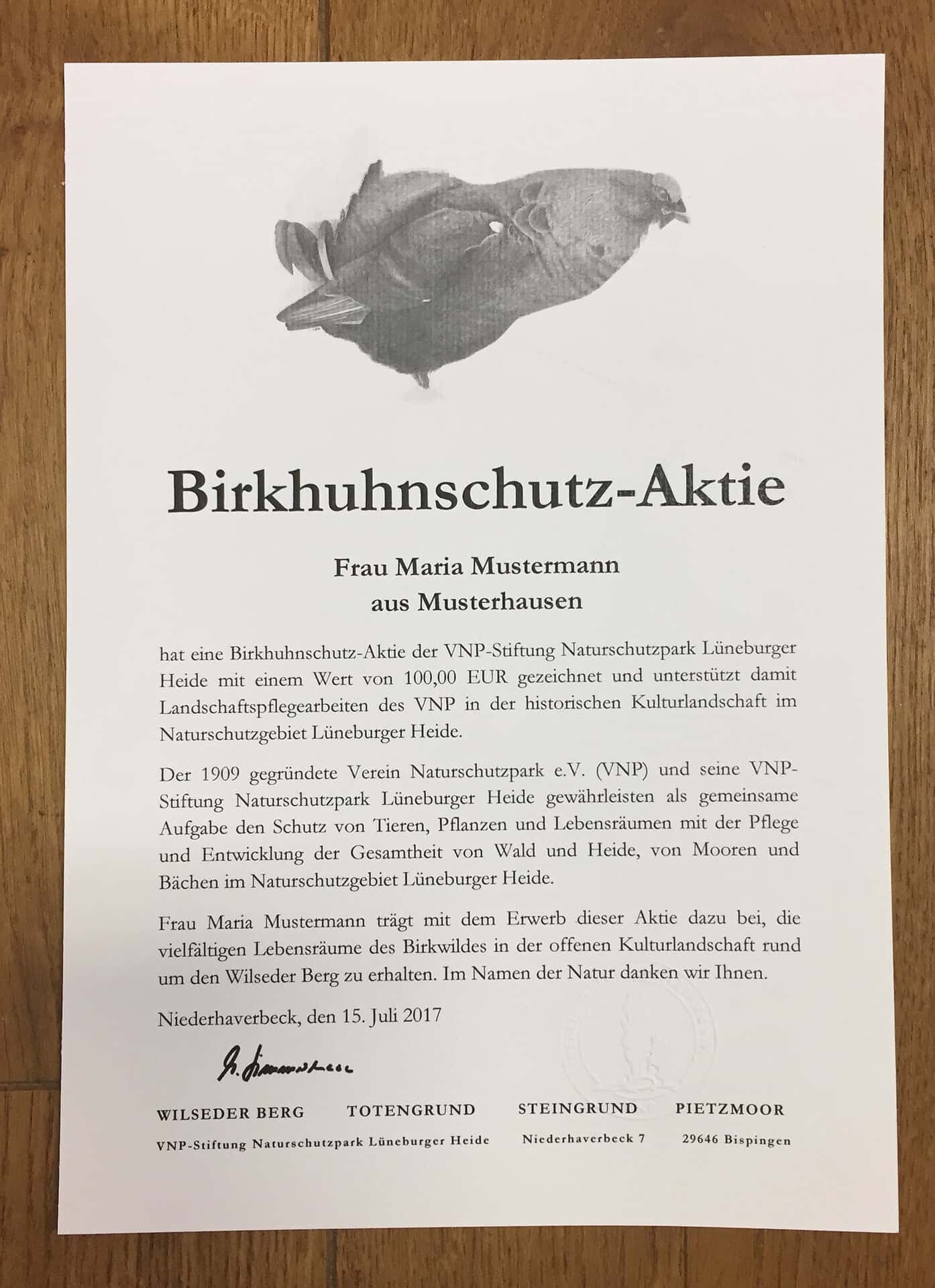 Birkhuhnschutz-Aktie der VNP-Stiftung Naturschutzpark